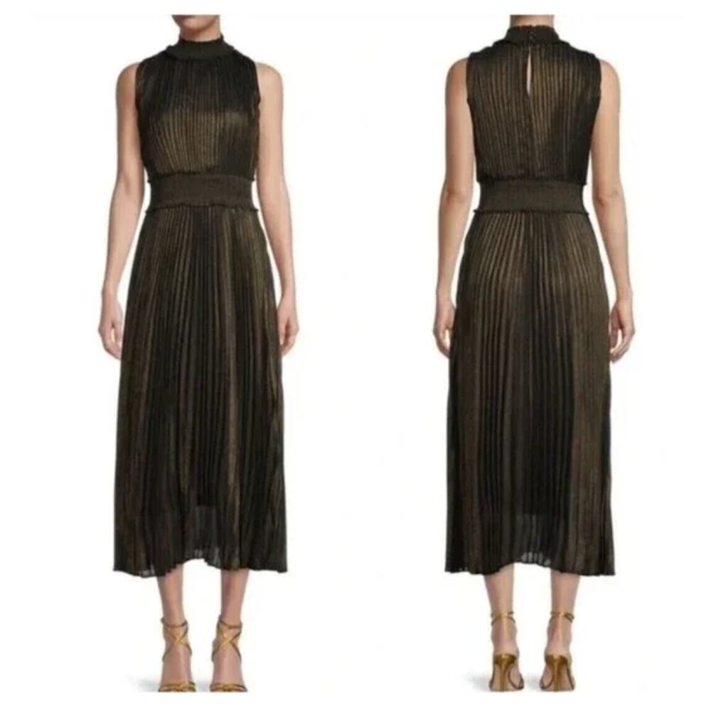 NANETTE LEPORE Black Gold Metallic Pleated High Neck Party Night Out Dress // 4 - Picture 14 of 14
